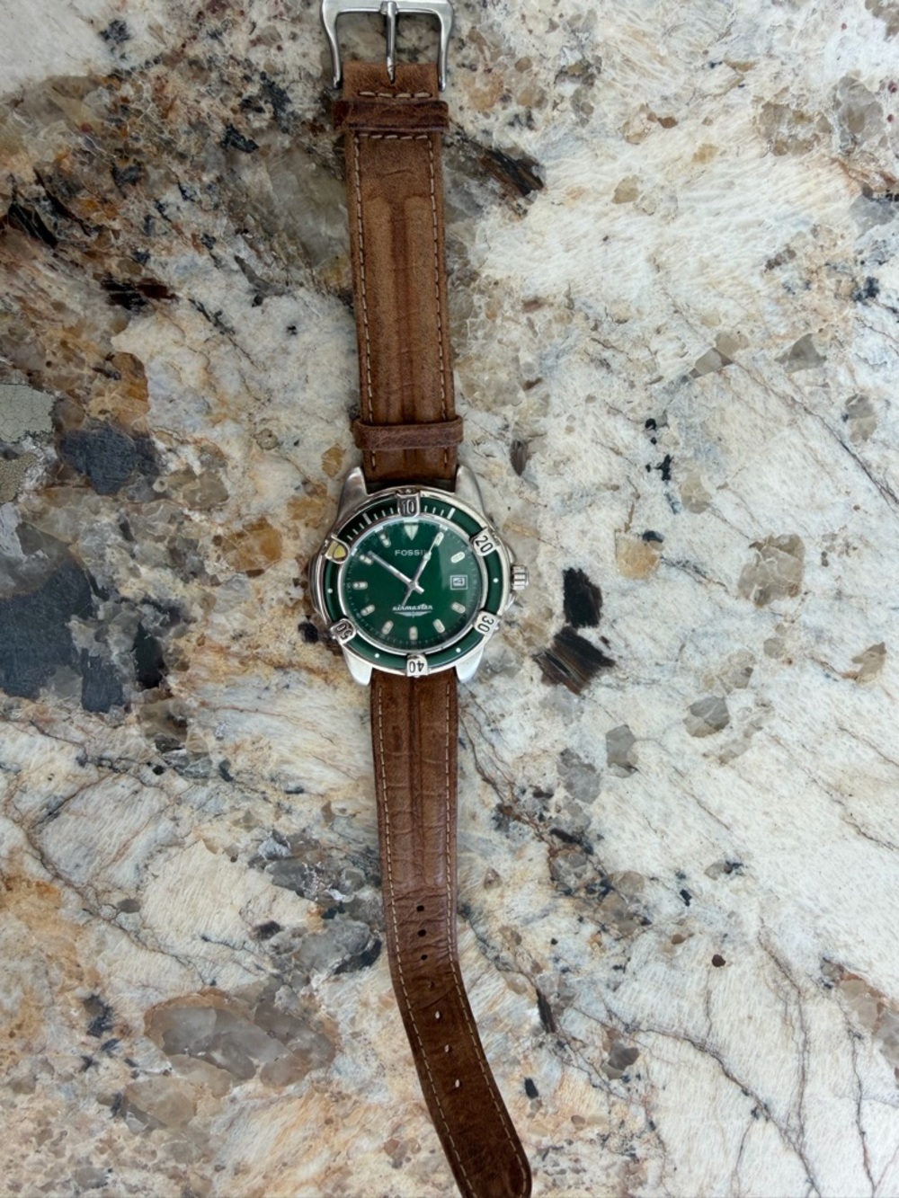 Fossil Green Dial Brown Leather Strap Watch